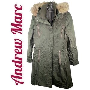 ANDREW MARC Olive Army Green Long Down Coat With Fur Trimmed Hood, Size Small